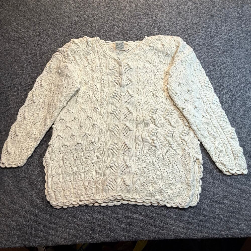 Vintage Yarnworks Hand Knit Cream Cable Knit Sweater Small Bobble Cottagecore